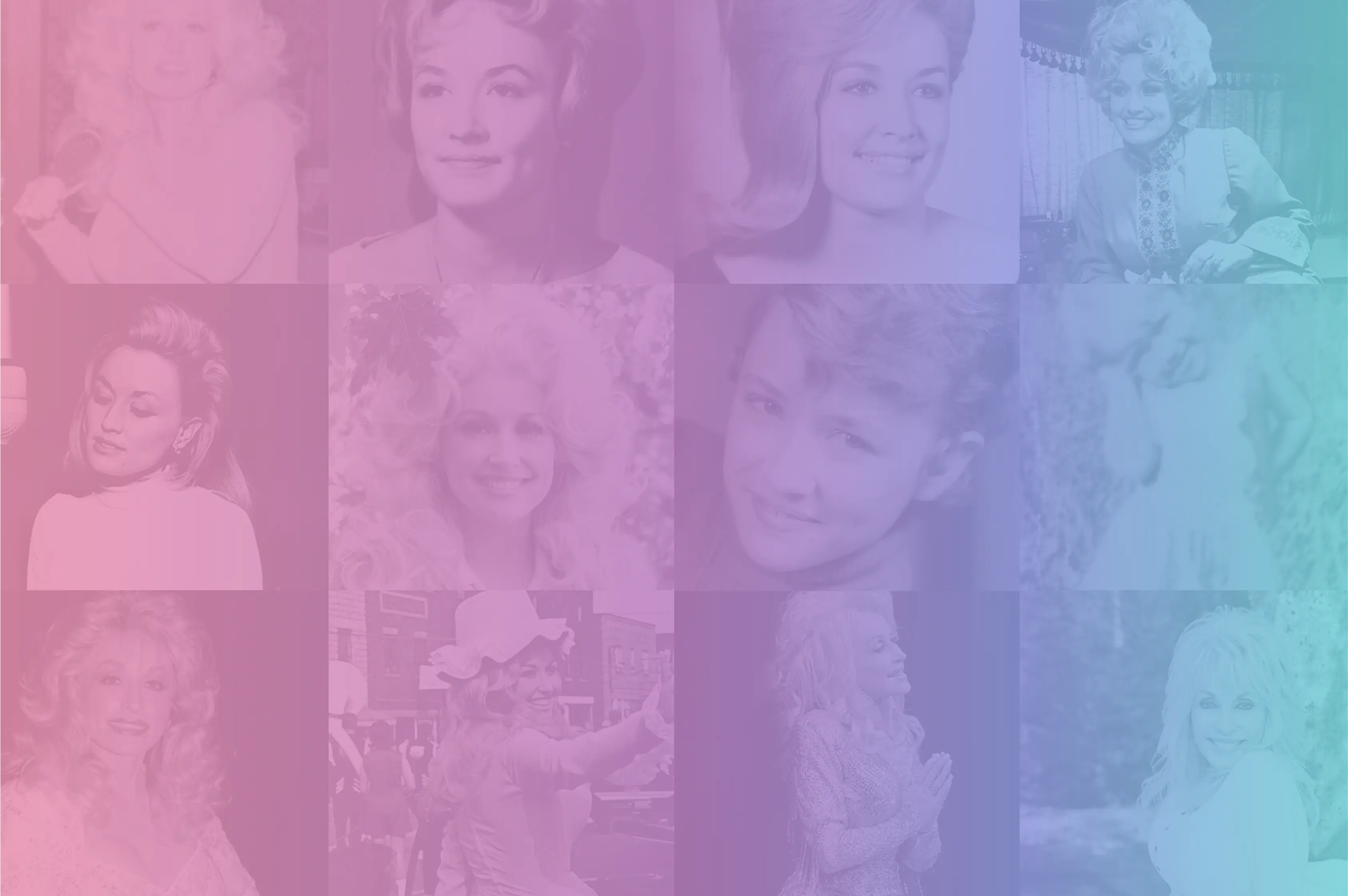 Collage of Dolly Parton’s photos from childhood to her iconic career, shown through a soft pink, purple, and blue gradient overlay, celebrating her life and legacy in music.